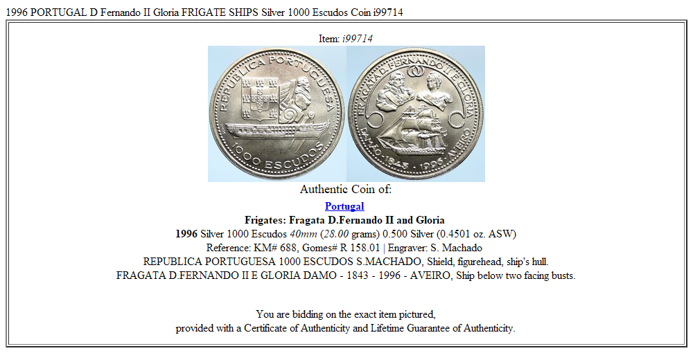 1996 PORTUGAL D Fernando II Gloria FRIGATE SHIPS Silver 1000 Escudos Coin i99714