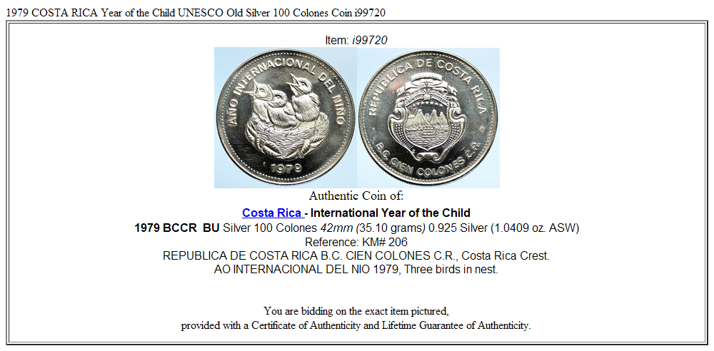 1979 COSTA RICA Year of the Child UNESCO Old Silver 100 Colones Coin i99720