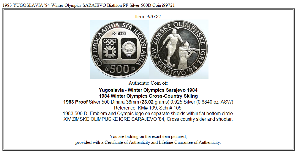 1983 YUGOSLAVIA '84 Winter Olympics SARAJEVO Biathlon PF Silver 500D Coin i99721