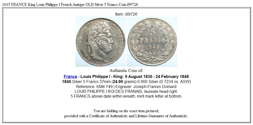 1845 FRANCE King Louis Philippe I French Antique OLD Silver 5 Francs Coin i99726