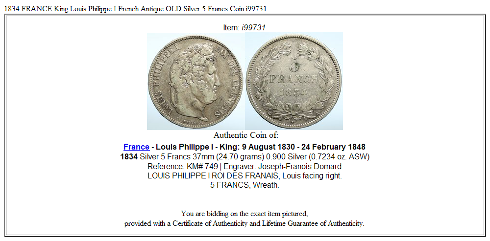 1834 FRANCE King Louis Philippe I French Antique OLD Silver 5 Francs Coin i99731