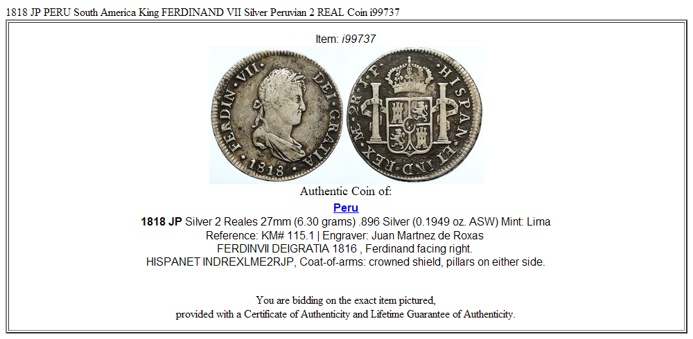 1818 JP PERU South America King FERDINAND VII Silver Peruvian 2 REAL Coin i99737