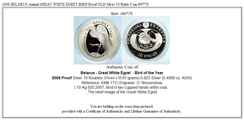 2008 BELARUS Animal GREAT WHITE EGRET BIRD Proof OLD Silver 10 Ruble Coin i99778