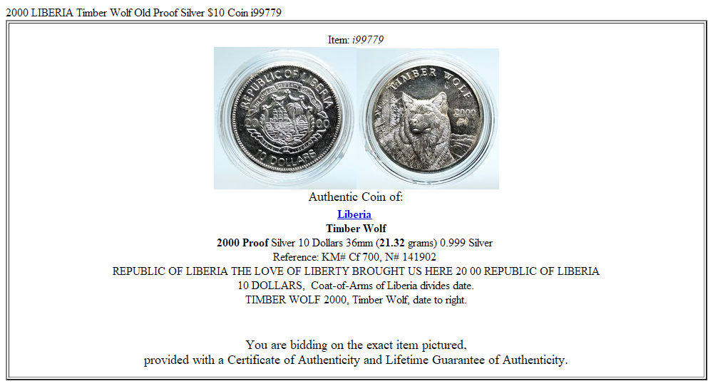 2000 LIBERIA Timber Wolf Old Proof Silver $10 Coin i99779