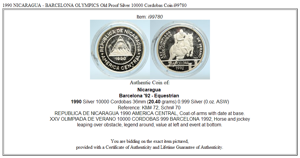 1990 NICARAGUA - BARCELONA OLYMPICS Old Proof Silver 10000 Cordobas Coin i99780