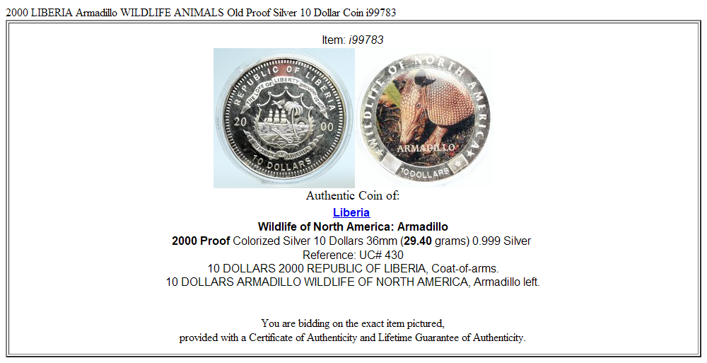 2000 LIBERIA Armadillo WILDLIFE ANIMALS Old Proof Silver 10 Dollar Coin i99783