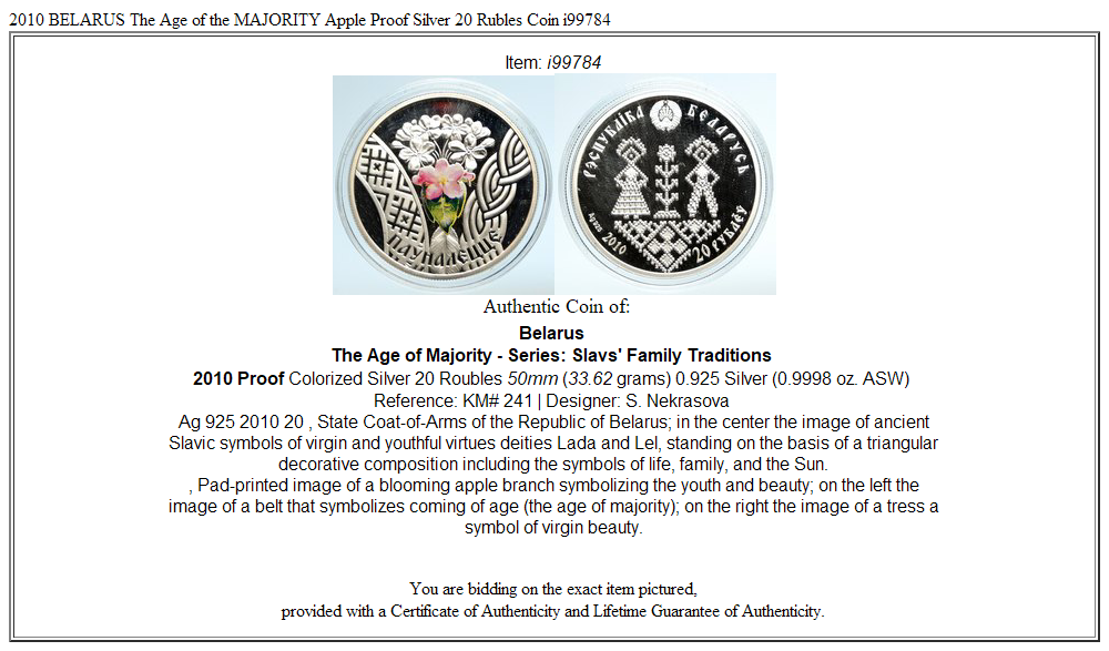 2010 BELARUS The Age of the MAJORITY Apple Proof Silver 20 Rubles Coin i99784