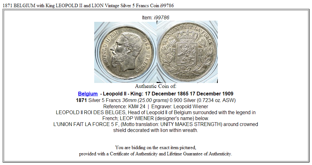 1871 BELGIUM with King LEOPOLD II and LION Vintage Silver 5 Francs Coin i99786