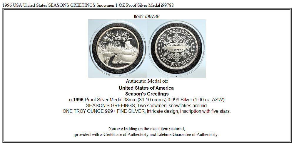 1996 USA United States SEASONS GREETINGS Snowmen 1 OZ Proof Silver Medal i99788