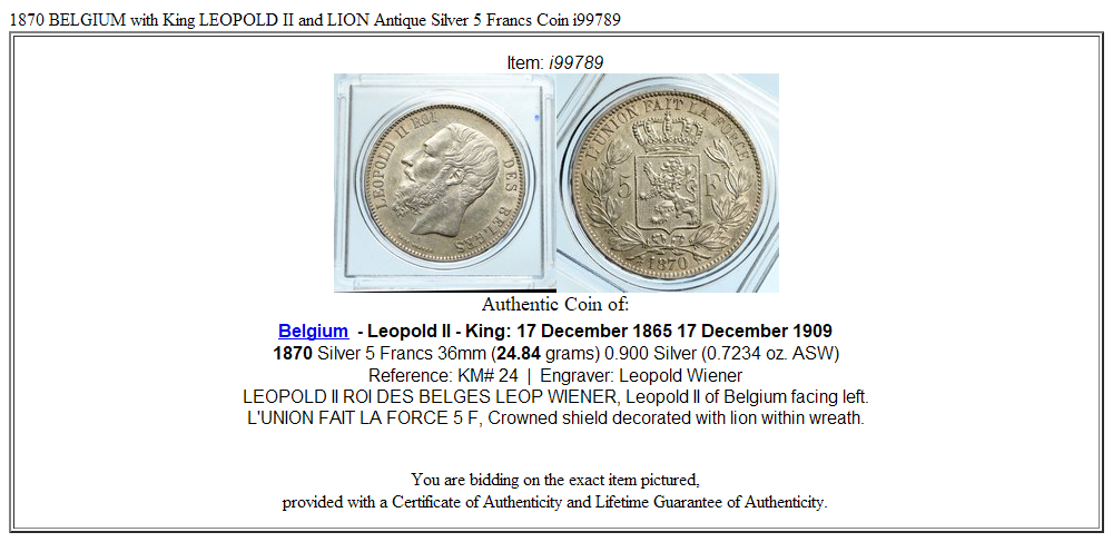 1870 BELGIUM with King LEOPOLD II and LION Antique Silver 5 Francs Coin i99789