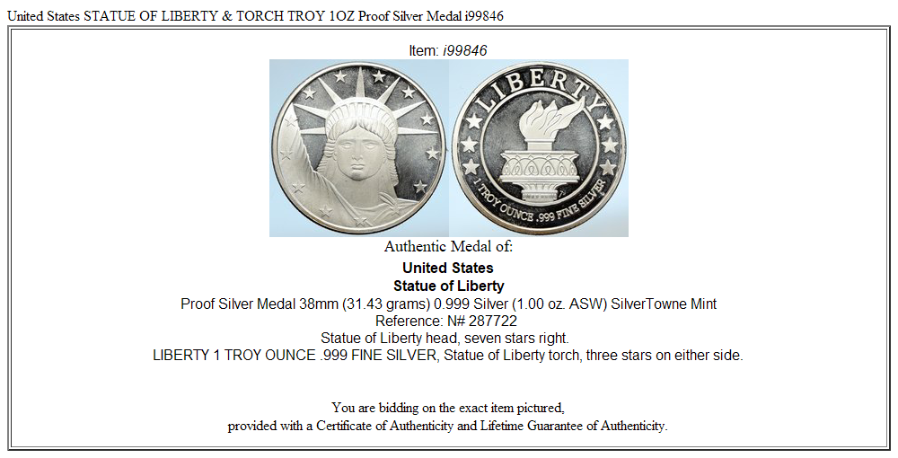 United States STATUE OF LIBERTY & TORCH TROY 1OZ Proof Silver Medal i99846