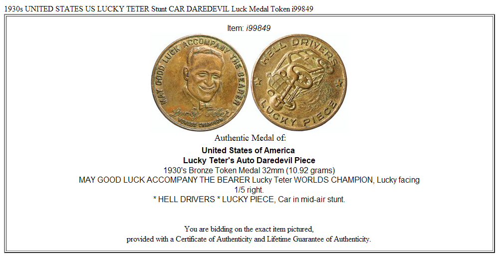 1930s UNITED STATES US LUCKY TETER Stunt CAR DAREDEVIL Luck Medal Token i99849