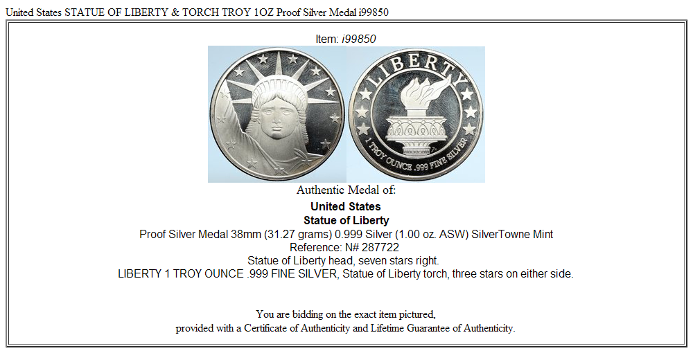 United States STATUE OF LIBERTY & TORCH TROY 1OZ Proof Silver Medal i99850