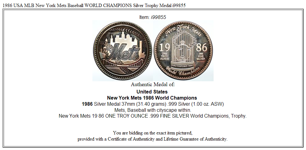 1986 USA MLB New York Mets Baseball WORLD CHAMPIONS Silver Trophy Medal i99855