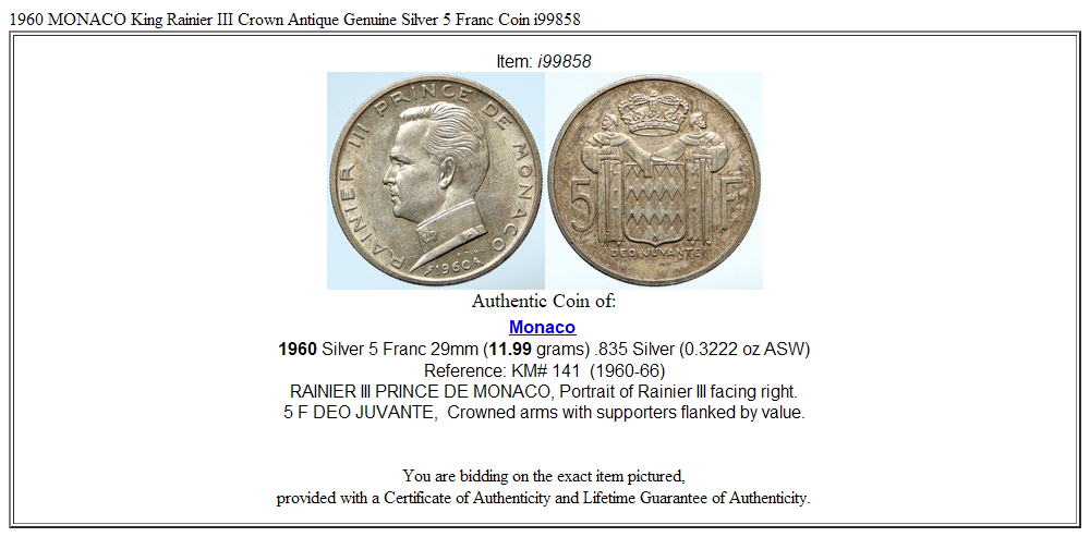 1960 MONACO King Rainier III Crown Antique Genuine Silver 5 Franc Coin i99858