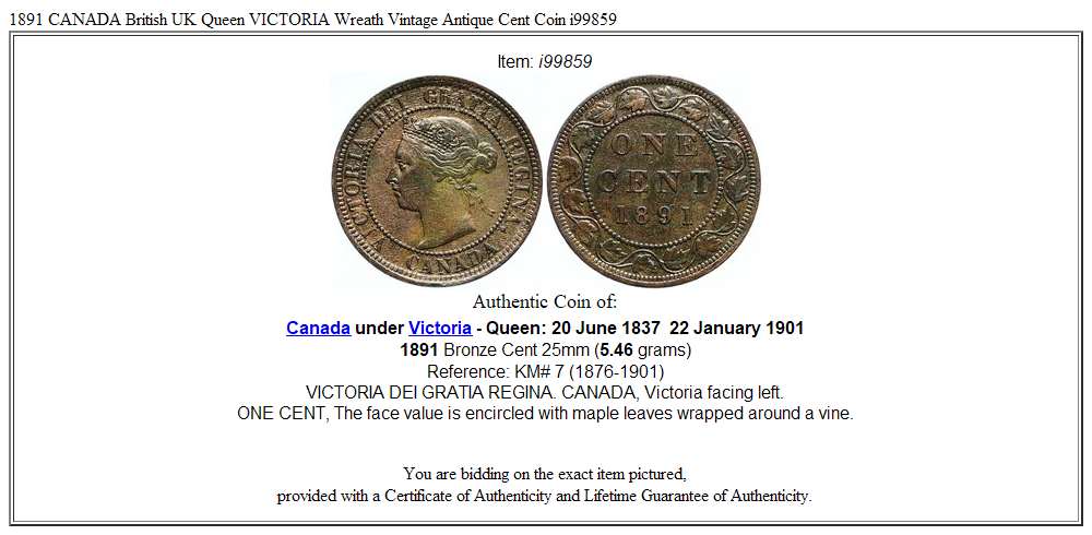 1891 CANADA British UK Queen VICTORIA Wreath Vintage Antique Cent Coin i99859