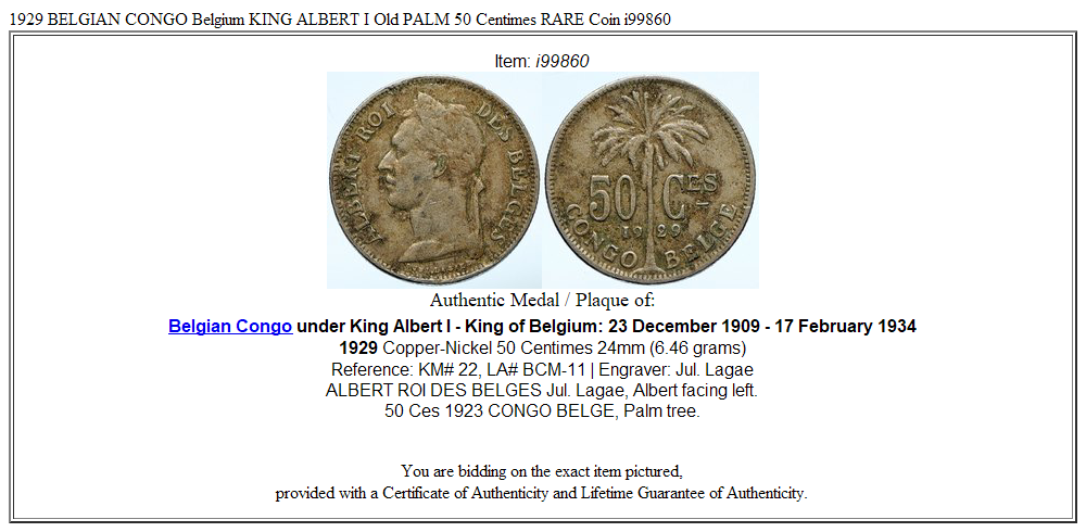 1929 BELGIAN CONGO Belgium KING ALBERT I Old PALM 50 Centimes RARE Coin i99860