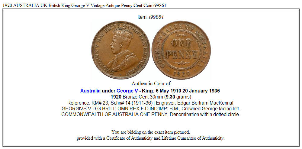 1920 AUSTRALIA UK British King George V Vintage Antique Penny Cent Coin i99861