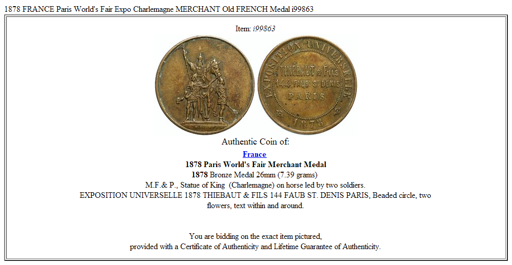 1878 FRANCE Paris World's Fair Expo Charlemagne MERCHANT Old FRENCH Medal i99863