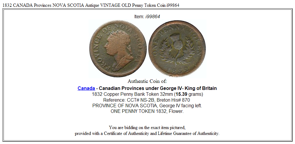 1832 CANADA Provinces NOVA SCOTIA Antique VINTAGE OLD Penny Token Coin i99864