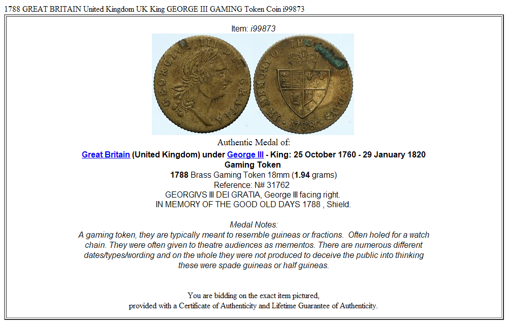 1788 GREAT BRITAIN United Kingdom UK King GEORGE III GAMING Token Coin i99873