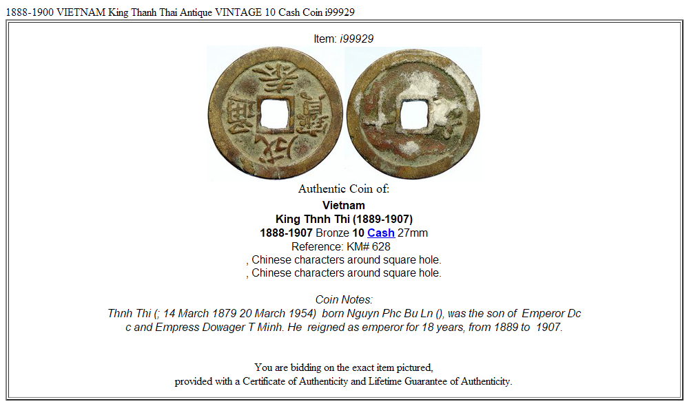 1888-1900 VIETNAM King Thanh Thai Antique VINTAGE 10 Cash Coin i99929