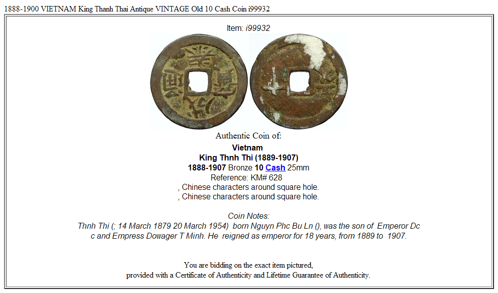 1888-1900 VIETNAM King Thanh Thai Antique VINTAGE Old 10 Cash Coin i99932