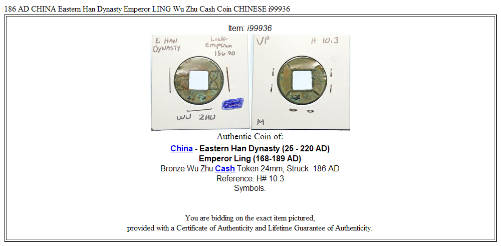 186 AD CHINA Eastern Han Dynasty Emperor LING Wu Zhu Cash Coin CHINESE i99936