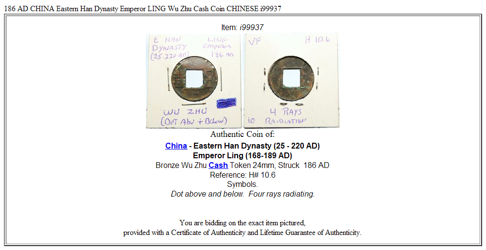 186 AD CHINA Eastern Han Dynasty Emperor LING Wu Zhu Cash Coin CHINESE i99937