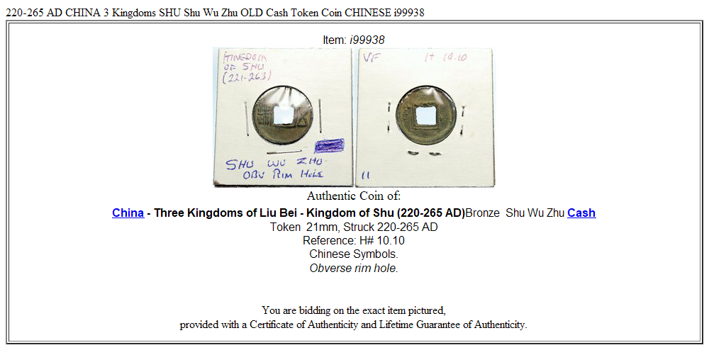 220-265 AD CHINA 3 Kingdoms SHU Shu Wu Zhu OLD Cash Token Coin CHINESE i99938