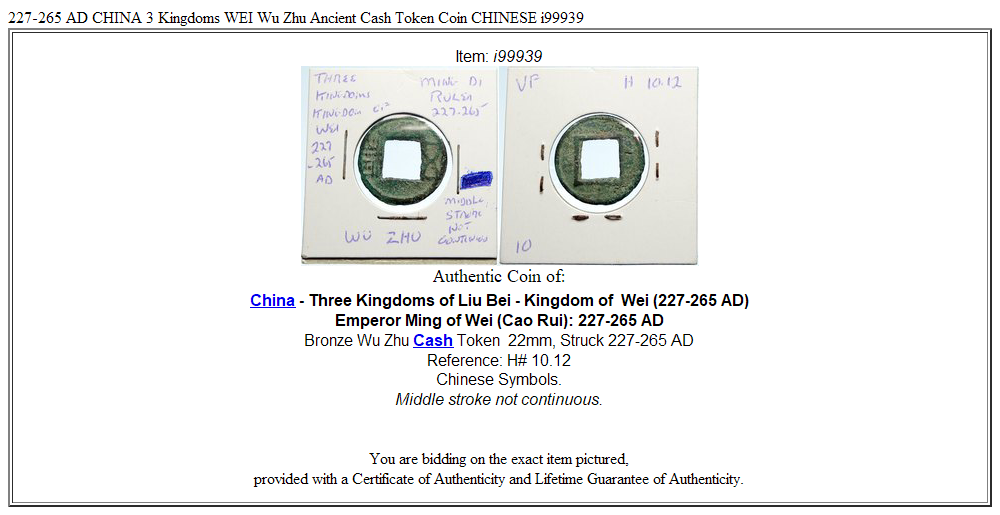 227-265 AD CHINA 3 Kingdoms WEI Wu Zhu Ancient Cash Token Coin CHINESE i99939