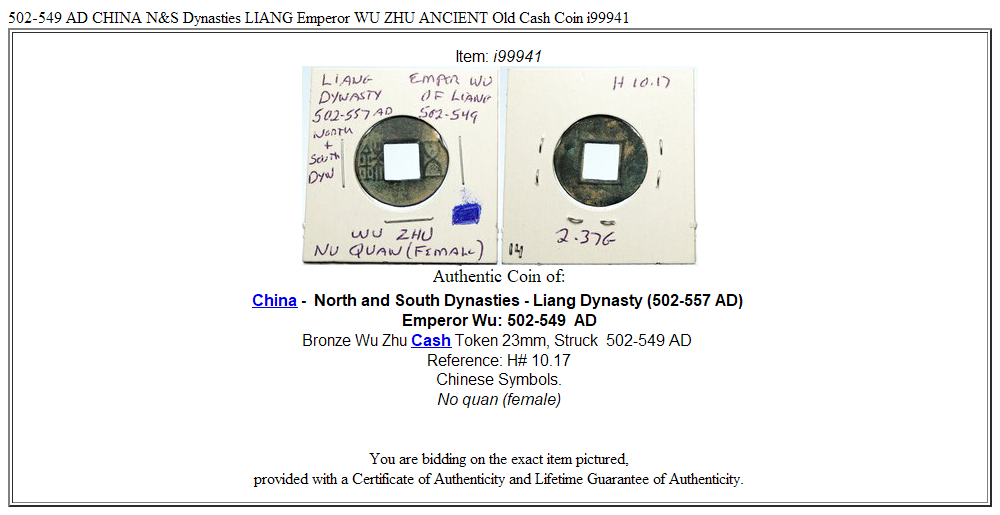 502-549 AD CHINA N&S Dynasties LIANG Emperor WU ZHU ANCIENT Old Cash Coin i99941