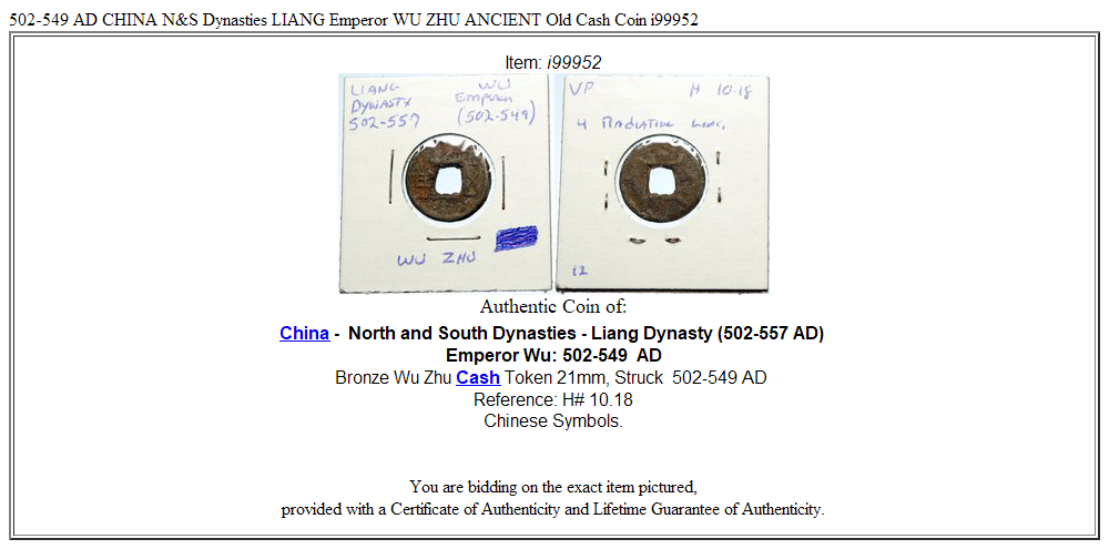 502-549 AD CHINA N&S Dynasties LIANG Emperor WU ZHU ANCIENT Old Cash Coin i99952