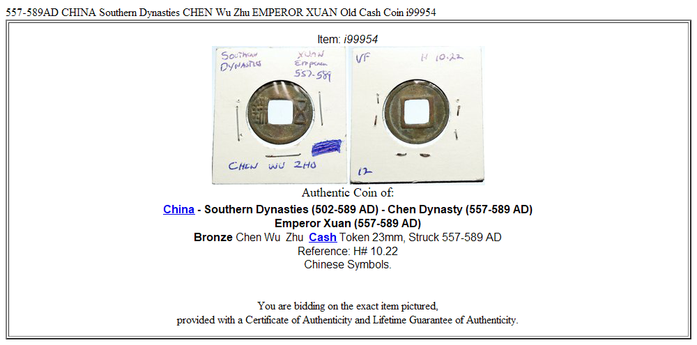 557-589AD CHINA Southern Dynasties CHEN Wu Zhu EMPEROR XUAN Old Cash Coin i99954