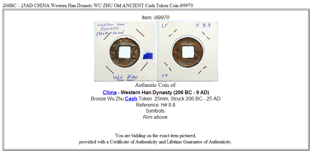 206BC - 25AD CHINA Western Han Dynasty WU ZHU Old ANCIENT Cash Token Coin i99970