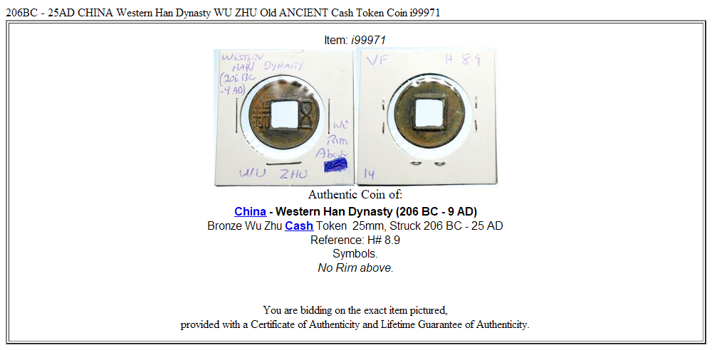 206BC - 25AD CHINA Western Han Dynasty WU ZHU Old ANCIENT Cash Token Coin i99971