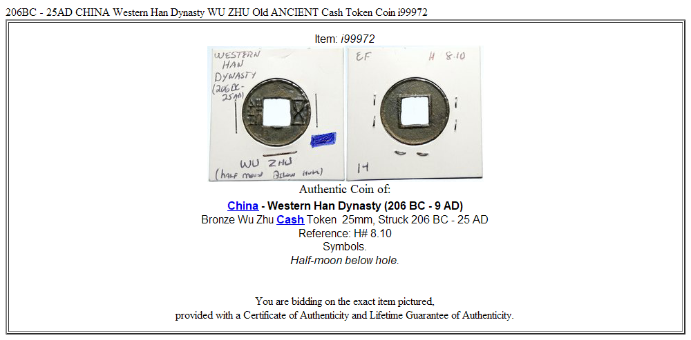 206BC - 25AD CHINA Western Han Dynasty WU ZHU Old ANCIENT Cash Token Coin i99972