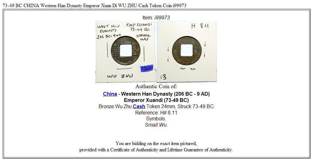 73-49 BC CHINA Western Han Dynasty Emperor Xuan Di WU ZHU Cash Token Coin i99973