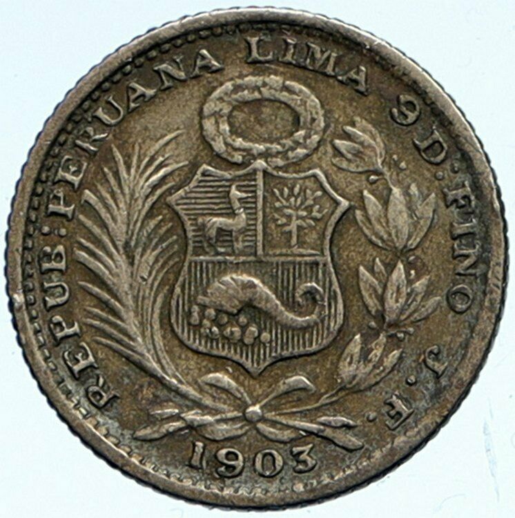 1903 JF PERU South America VINTAGE ANTIQUE Liberty Silver Dinero Coin i101707