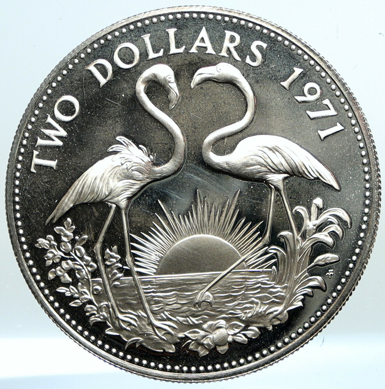 1971 The BAHAMAS Elizabeth II FLAMINGO Birds PROOF SILVER 2 Dollars Coin i101559