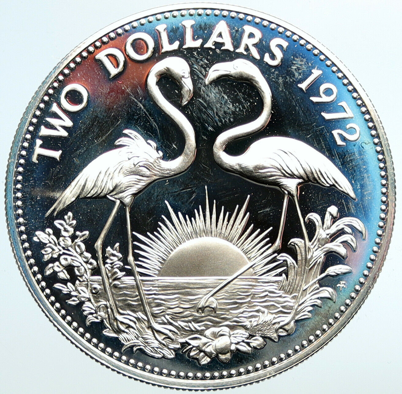 1972 The BAHAMAS Elizabeth II FLAMINGO Birds PROOF SILVER 2 Dollars Coin i101558