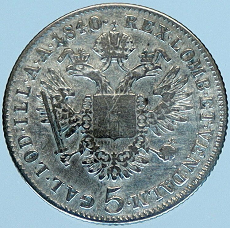 1840 C AUSTRIA Emperor FERDINAND I Antique Silver Coin 5 Kreuzer Eagle i98484