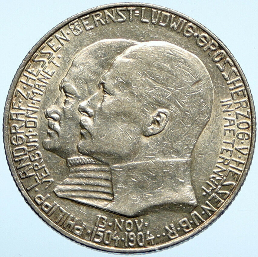 1904 GERMAN STATES Hessen-Darmstadt LUDWIG & Philipp ANTIQUE 2 Mark Coin i99729