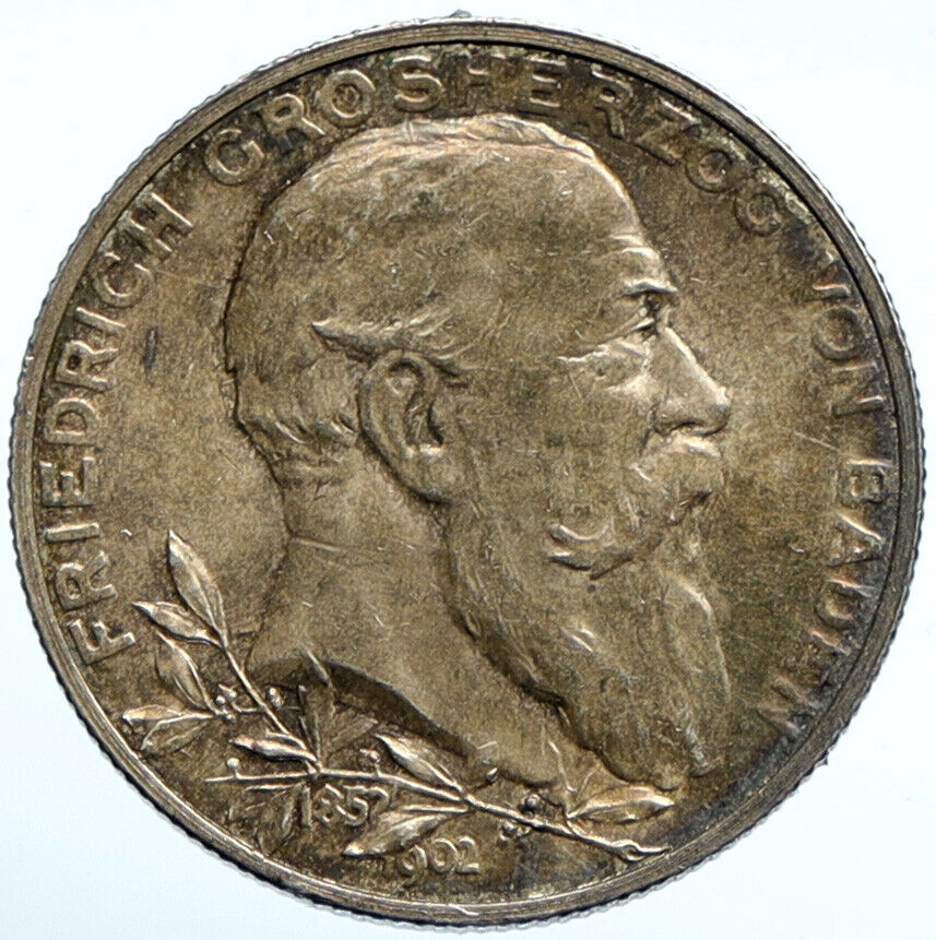 1902 GERMANY GERMAN STATE BADEN King Friedrich I ANTIQUE Silver 2 Mk Coin i99733