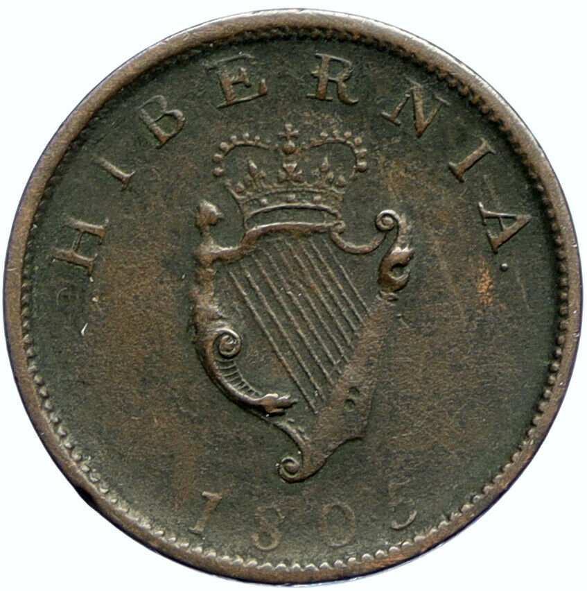 1805 IRELAND UK King George III Antique Lyre VINTAGE OLD 1/2 Penny Coin i99730