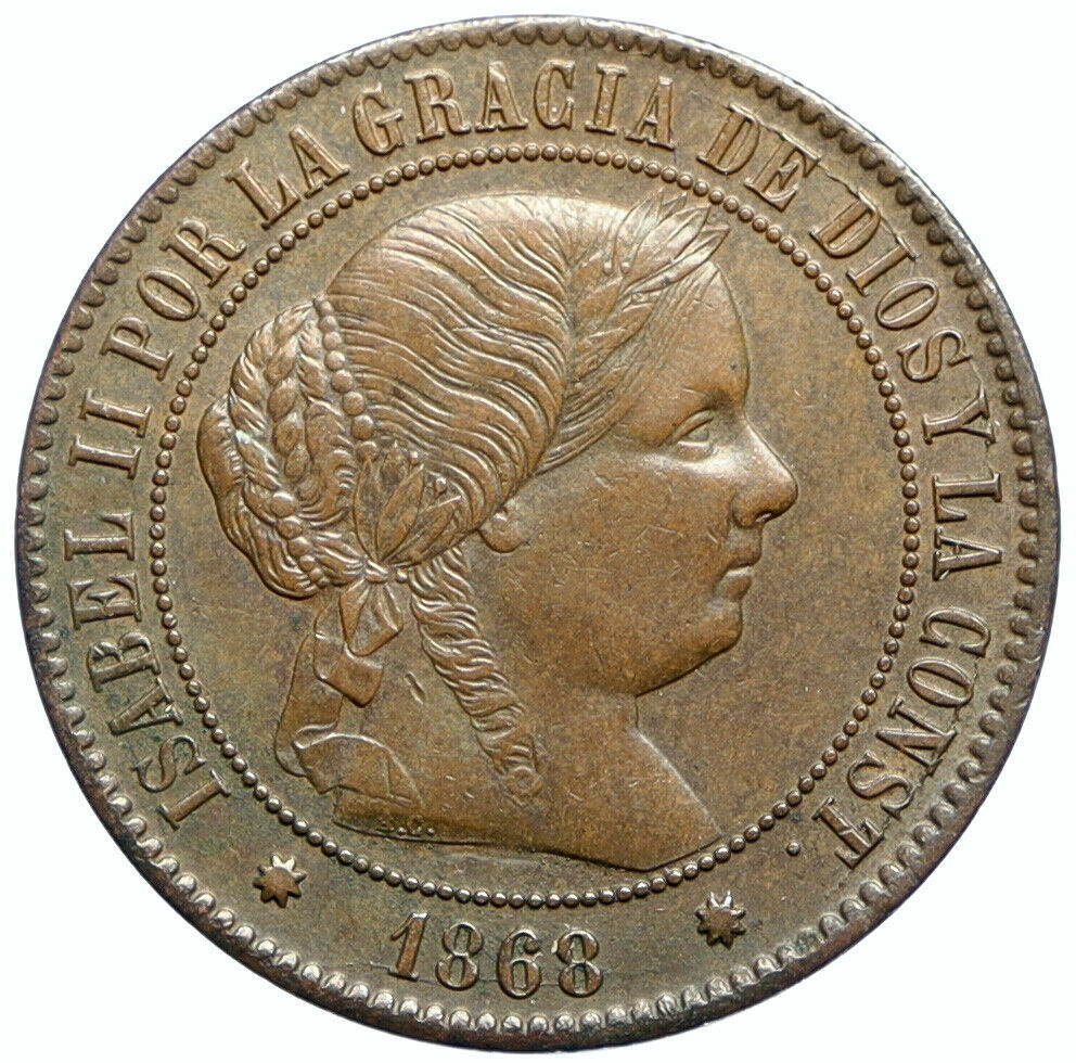 1863 SPAIN Queen ISABELLA II Antique OLD VINTAGE 5 Centimos Spanish Coin i99727