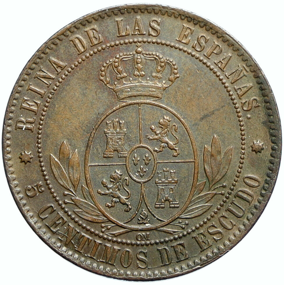 1863 SPAIN Queen ISABELLA II Antique OLD VINTAGE 5 Centimos Spanish Coin i99727