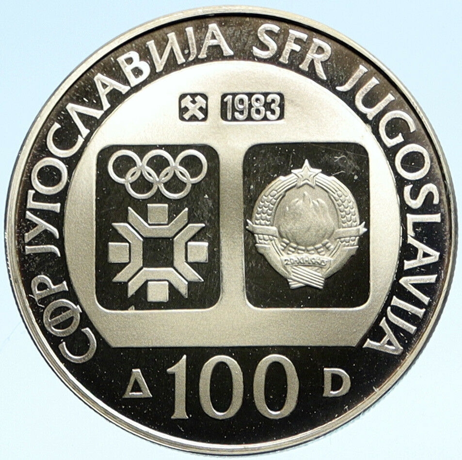 1984 YUGOSLAVIA Sarajevo XIV Olympics Luge Bobsled PROOF Silver 100 Coin i99362