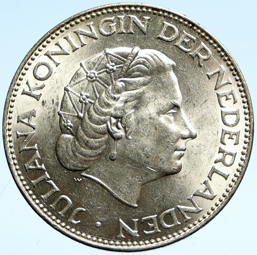 1961 Netherlands Kingdom Queen JULIANA Vintage Silver 2 1/2 Gulden Coin i99366