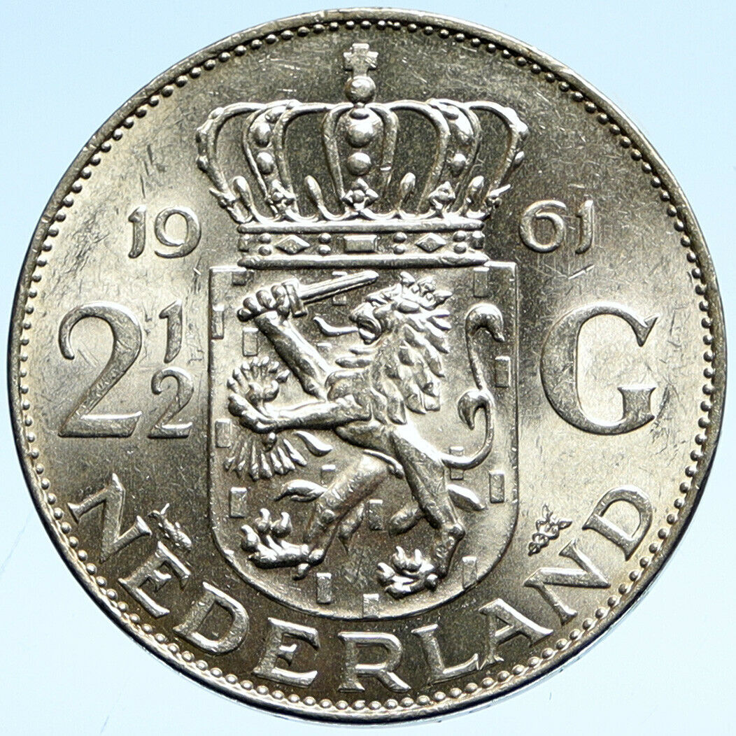 1961 Netherlands Kingdom Queen JULIANA Vintage Silver 2 1/2 Gulden Coin i99366